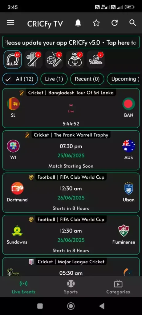 Live on CricFy TV App